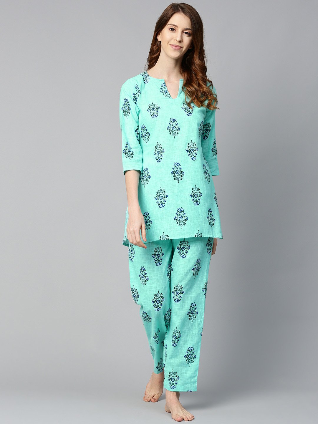 Women Turq Green And Multi Floral Prnt Top And Pant Set | LASVINI - Redefining Indian Fashion with Elegance