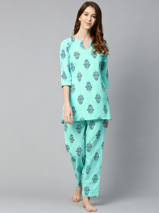 Women Turq Green And Multi Floral Prnt Top And Pant Set | LASVINI - Redefining Indian Fashion with Elegance