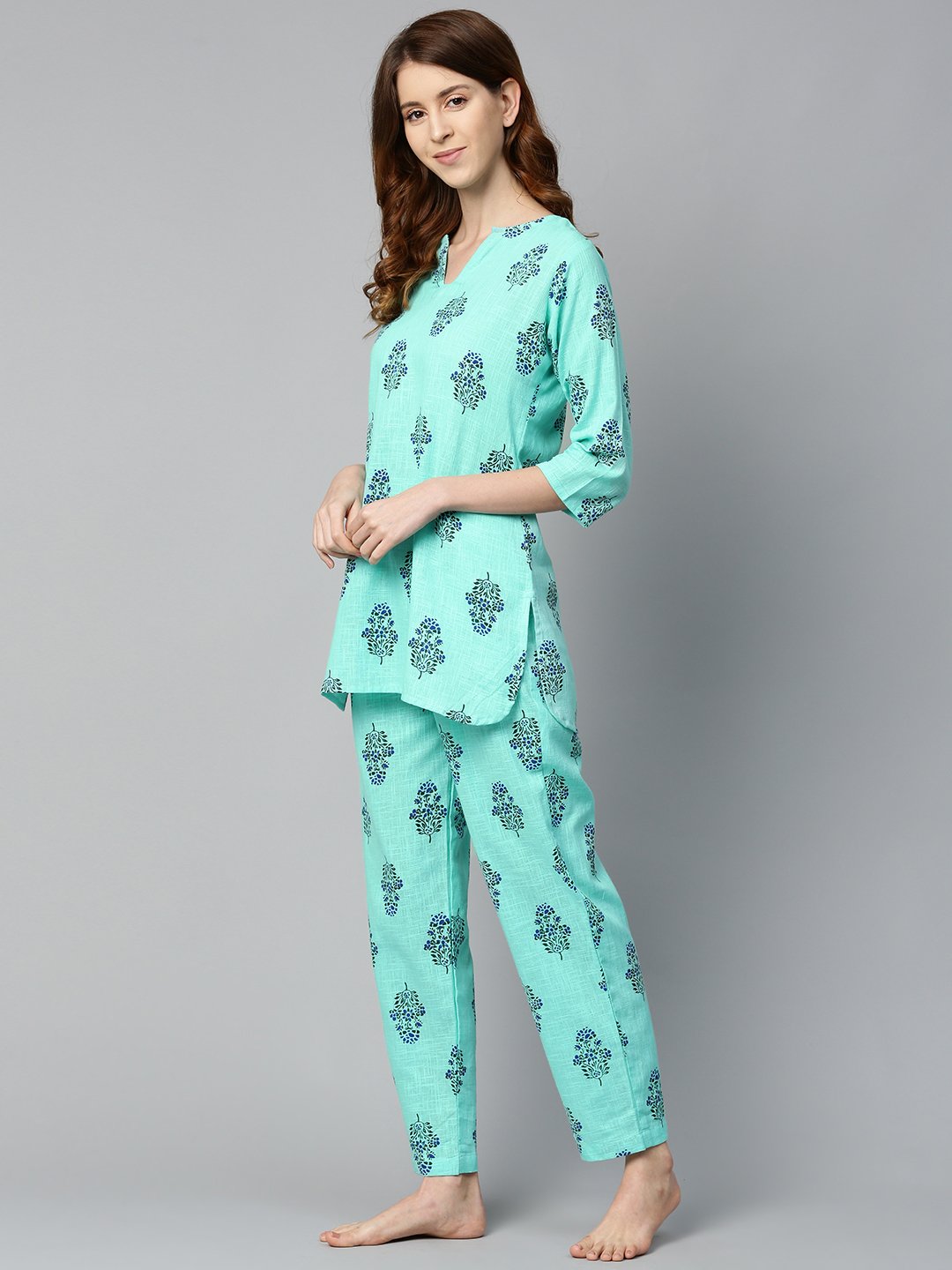 Women Turq Green And Multi Floral Prnt Top And Pant Set | LASVINI - Redefining Indian Fashion with Elegance