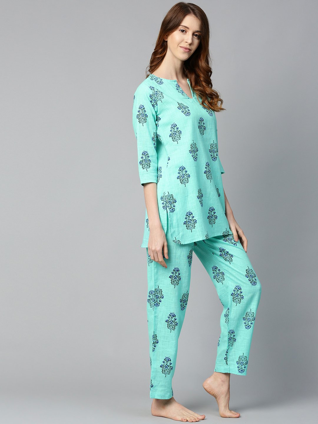 Women Turq Green And Multi Floral Prnt Top And Pant Set | LASVINI - Redefining Indian Fashion with Elegance