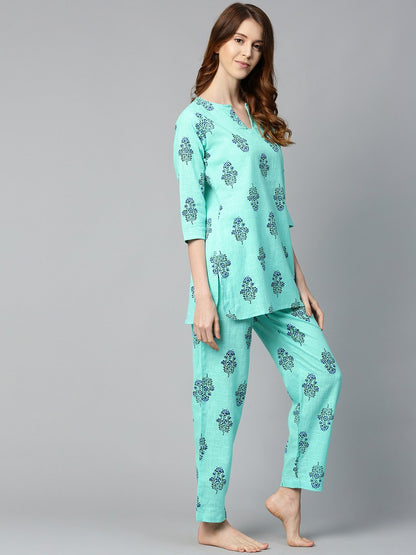 Women Turq Green And Multi Floral Prnt Top And Pant Set | LASVINI - Redefining Indian Fashion with Elegance
