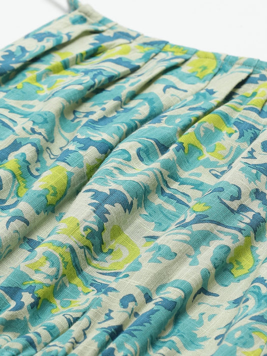 Women White And Blue Floral Printed Halter Neck Cotton A-Line Dress | LASVINI - Redefining Indian Fashion with Elegance