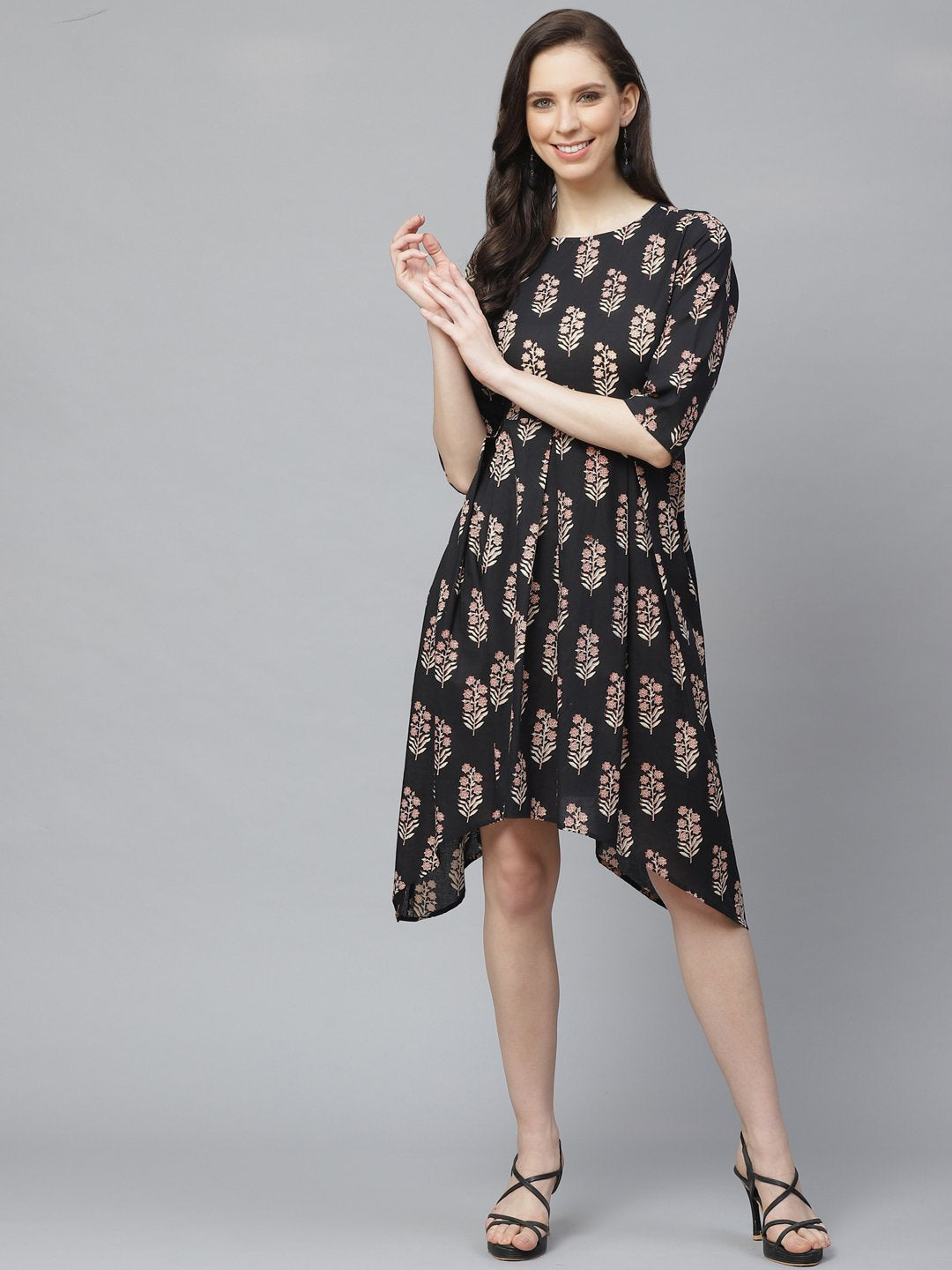 Women Black Floral Printed Round Neck Cotton Fit And Flare Dress | LASVINI - Redefining Indian Fashion with Elegance