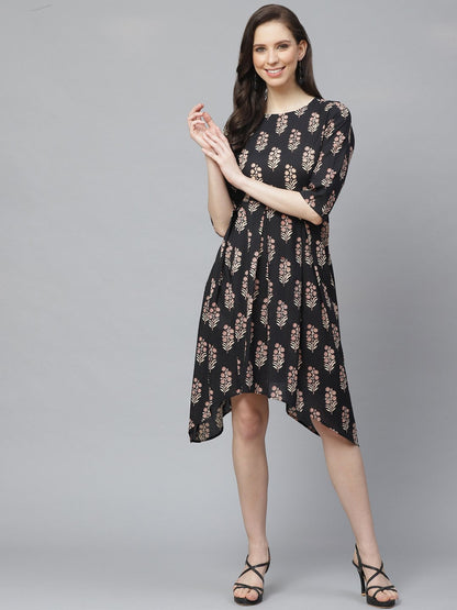 Women Black Floral Printed Round Neck Cotton Fit And Flare Dress | LASVINI - Redefining Indian Fashion with Elegance