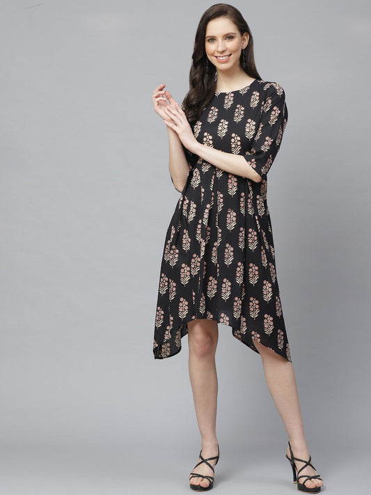 Women Black Floral Printed Round Neck Cotton Fit And Flare Dress | LASVINI - Redefining Indian Fashion with Elegance