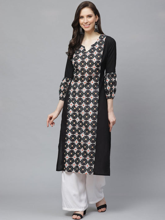 Women Black Calf Length Long Sleeves A-Line Geometric Printed Cotton Kurta | LASVINI - Redefining Indian Fashion with Elegance