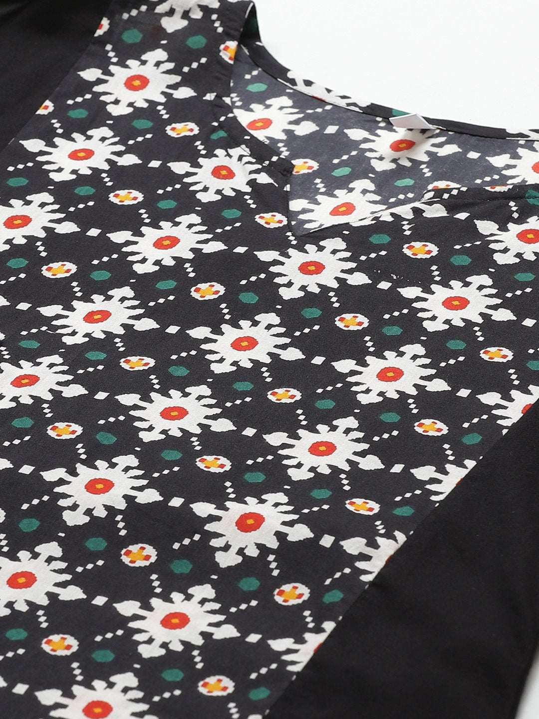 Women Black Calf Length Long Sleeves A-Line Geometric Printed Cotton Kurta | LASVINI - Redefining Indian Fashion with Elegance