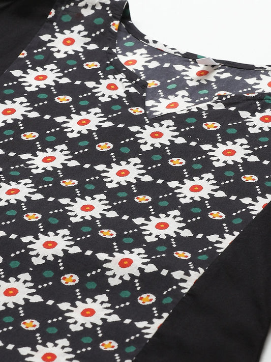 Women Black Calf Length Long Sleeves A-Line Geometric Printed Cotton Kurta | LASVINI - Redefining Indian Fashion with Elegance