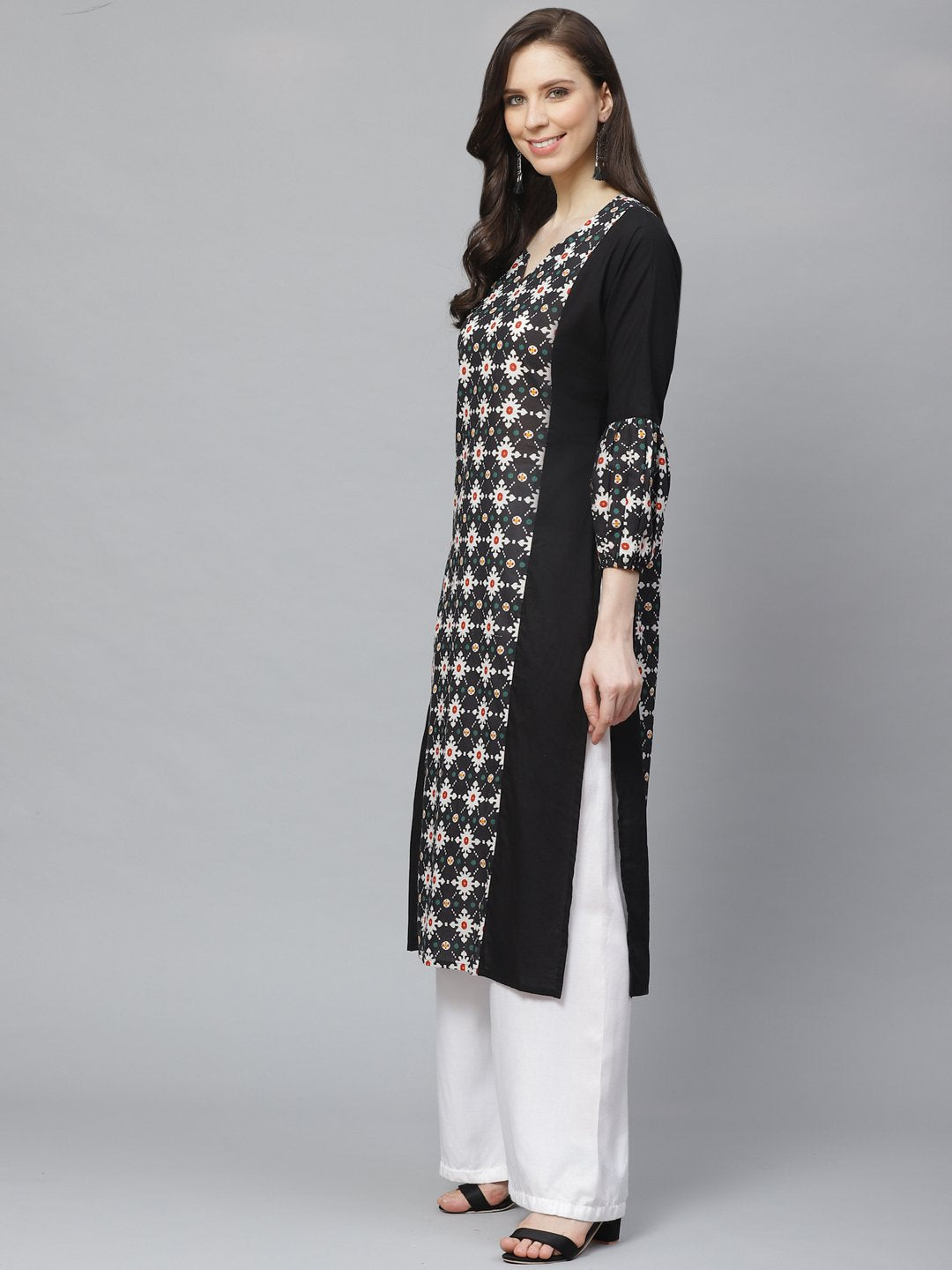 Women Black Calf Length Long Sleeves A-Line Geometric Printed Cotton Kurta | LASVINI - Redefining Indian Fashion with Elegance