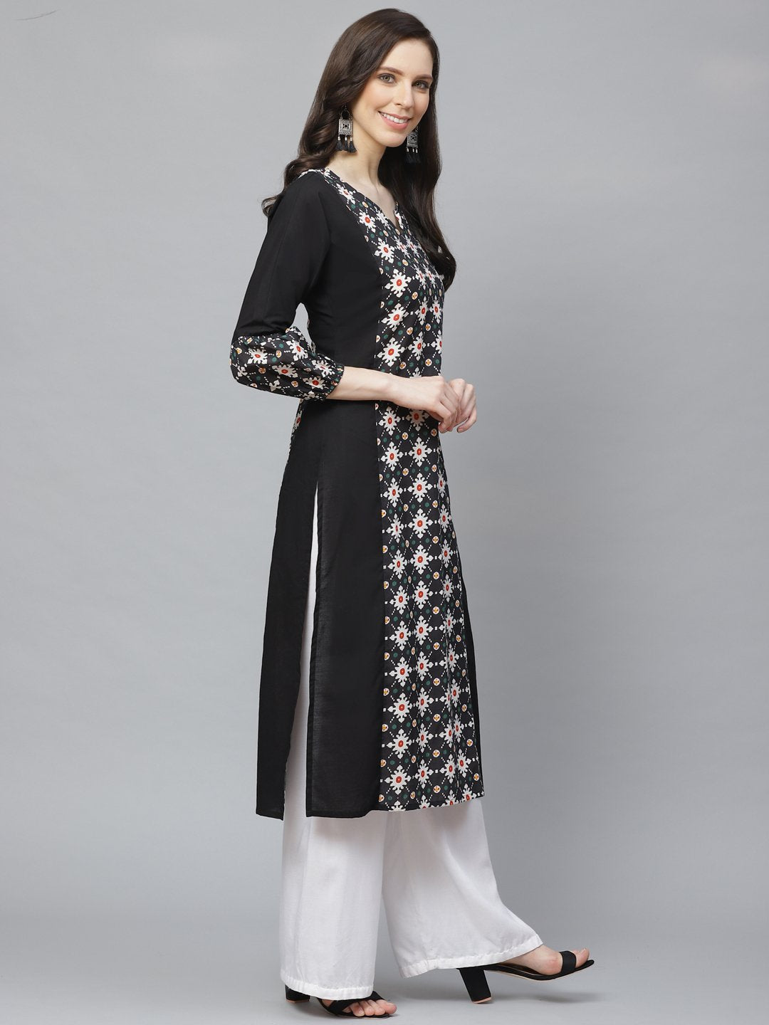 Women Black Calf Length Long Sleeves A-Line Geometric Printed Cotton Kurta | LASVINI - Redefining Indian Fashion with Elegance