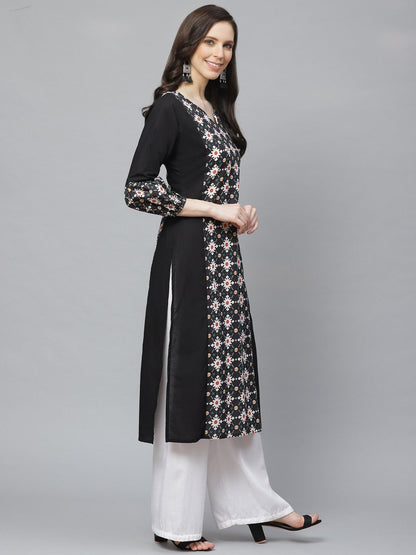 Women Black Calf Length Long Sleeves A-Line Geometric Printed Cotton Kurta | LASVINI - Redefining Indian Fashion with Elegance