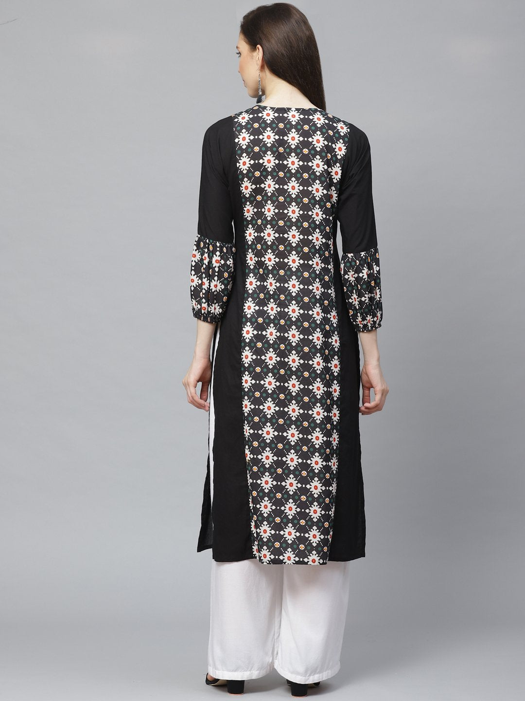 Women Black Calf Length Long Sleeves A-Line Geometric Printed Cotton Kurta | LASVINI - Redefining Indian Fashion with Elegance