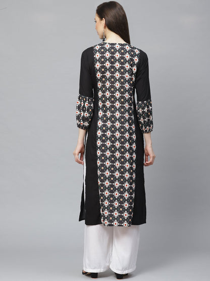 Women Black Calf Length Long Sleeves A-Line Geometric Printed Cotton Kurta | LASVINI - Redefining Indian Fashion with Elegance