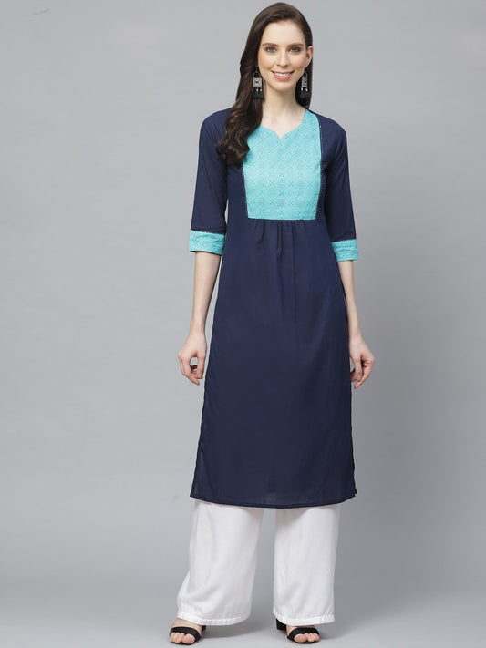 Women Navy Blue Calf Length Three-Quarter Sleeves Straight Solid Yoke Design Cotton Kurta | LASVINI - Redefining Indian Fashion with Elegance