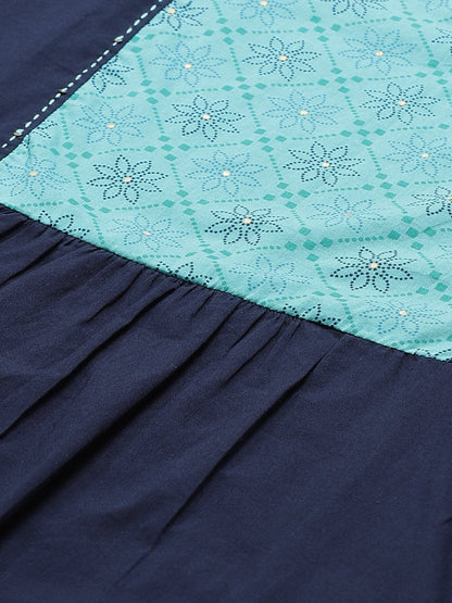 Women Navy Blue Calf Length Three-Quarter Sleeves Straight Solid Yoke Design Cotton Kurta | LASVINI - Redefining Indian Fashion with Elegance