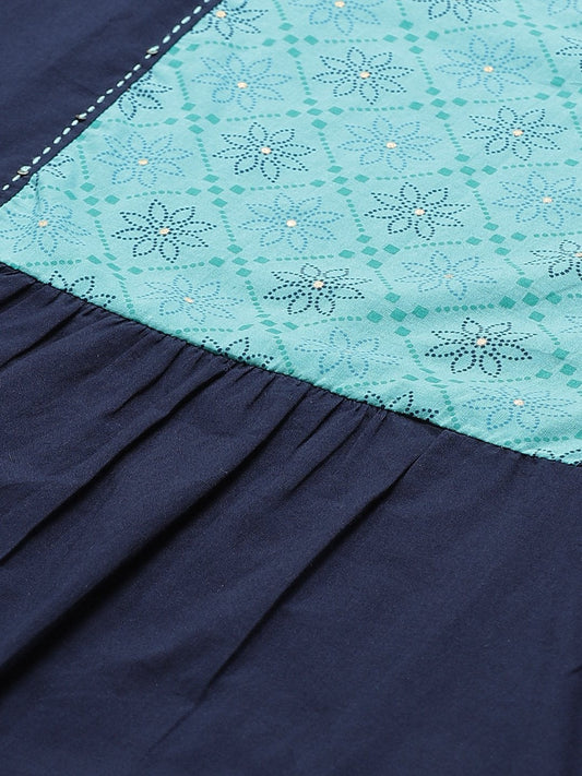 Women Navy Blue Calf Length Three-Quarter Sleeves Straight Solid Yoke Design Cotton Kurta | LASVINI - Redefining Indian Fashion with Elegance