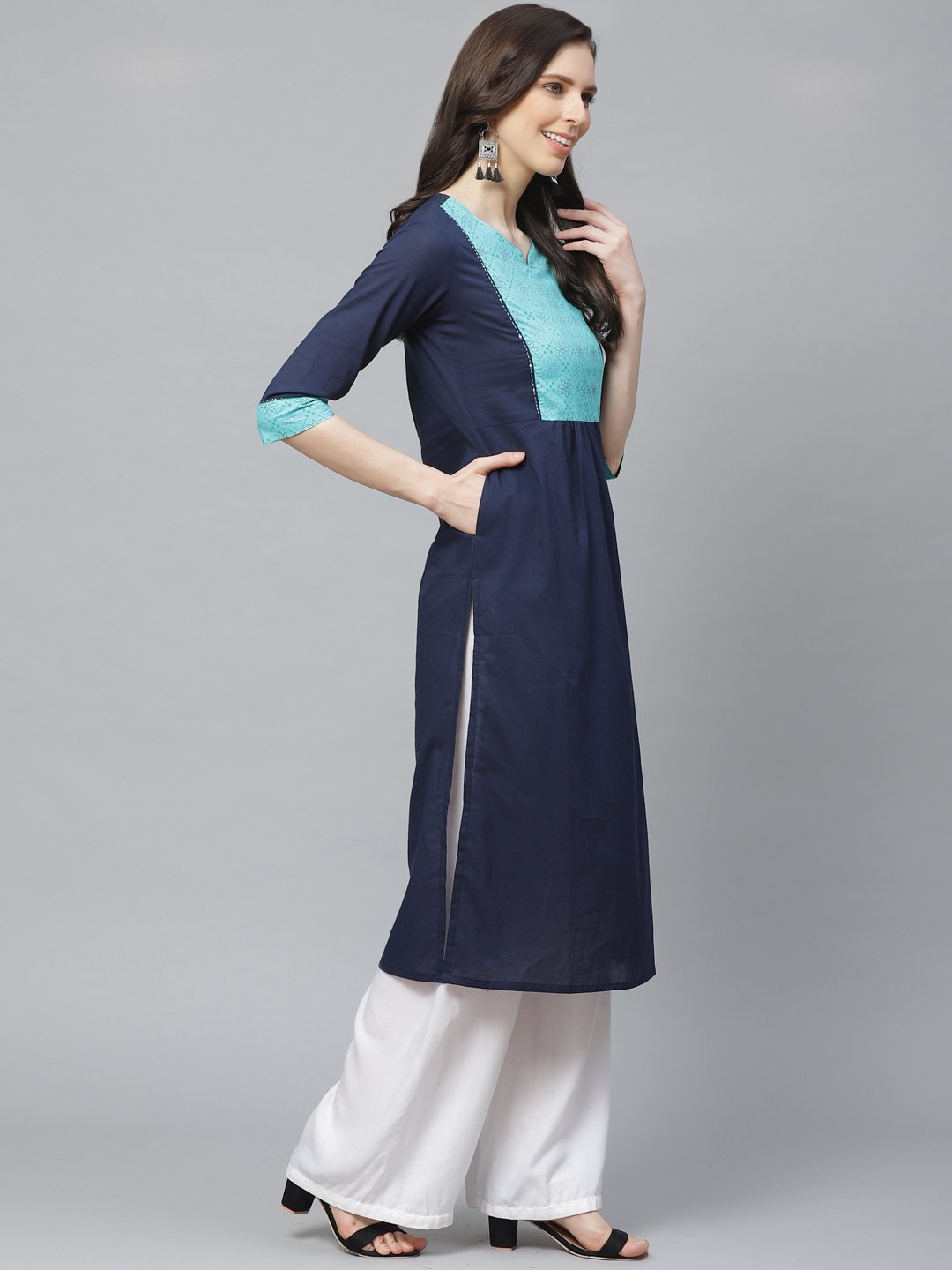 Women Navy Blue Calf Length Three-Quarter Sleeves Straight Solid Yoke Design Cotton Kurta | LASVINI - Redefining Indian Fashion with Elegance