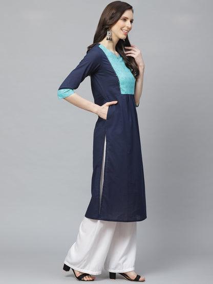 Women Navy Blue Calf Length Three-Quarter Sleeves Straight Solid Yoke Design Cotton Kurta | LASVINI - Redefining Indian Fashion with Elegance