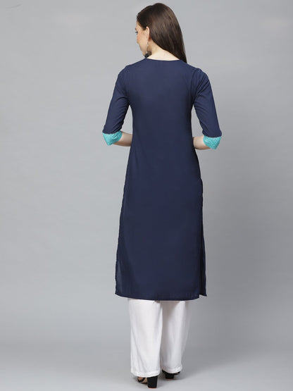 Women Navy Blue Calf Length Three-Quarter Sleeves Straight Solid Yoke Design Cotton Kurta | LASVINI - Redefining Indian Fashion with Elegance
