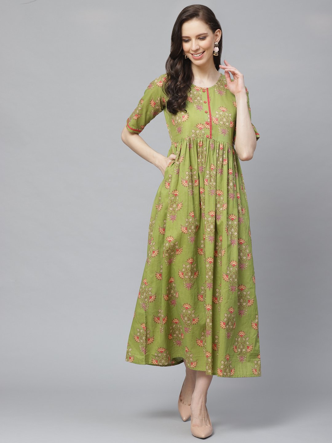 Women Green Floral Printed Round Neck Cotton A-Line Dress | LASVINI - Redefining Indian Fashion with Elegance