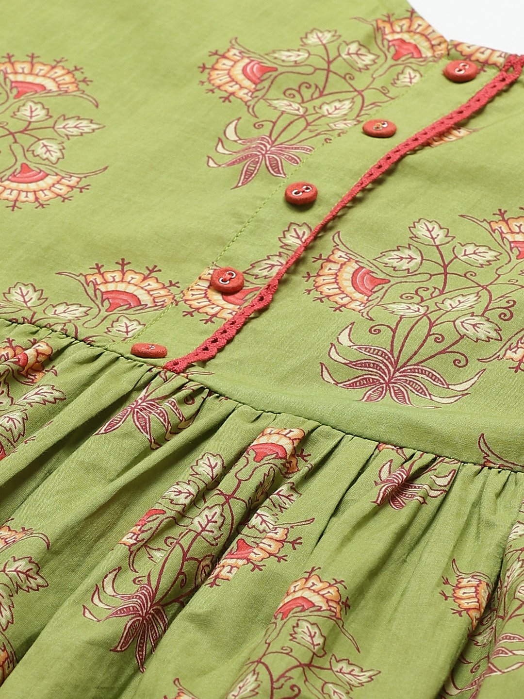 Women Green Floral Printed Round Neck Cotton A-Line Dress | LASVINI - Redefining Indian Fashion with Elegance