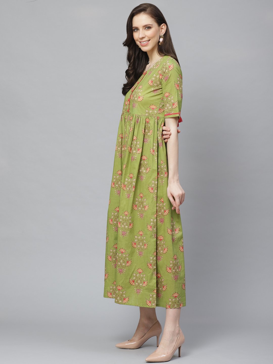 Women Green Floral Printed Round Neck Cotton A-Line Dress | LASVINI - Redefining Indian Fashion with Elegance