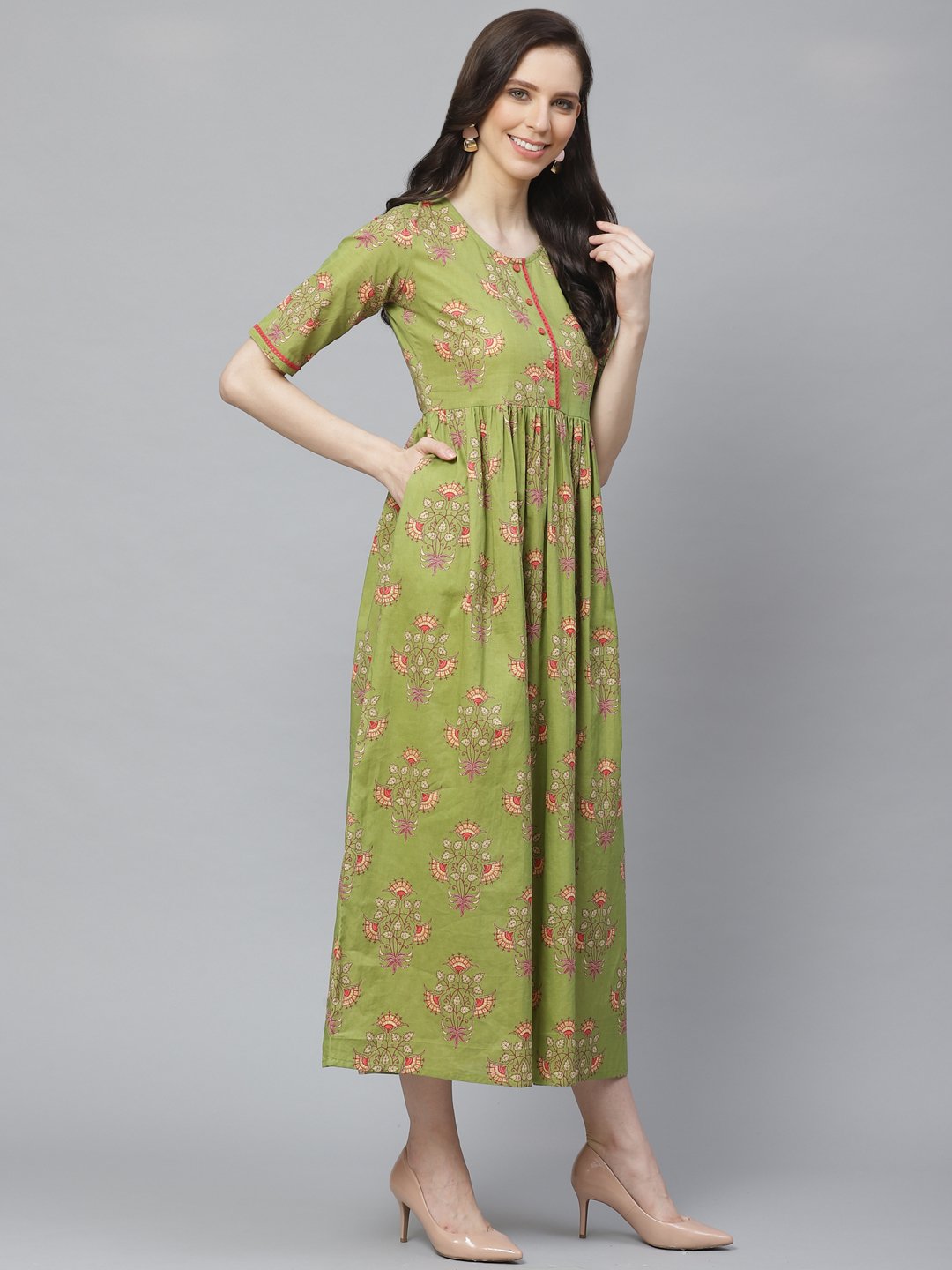 Women Green Floral Printed Round Neck Cotton A-Line Dress | LASVINI - Redefining Indian Fashion with Elegance