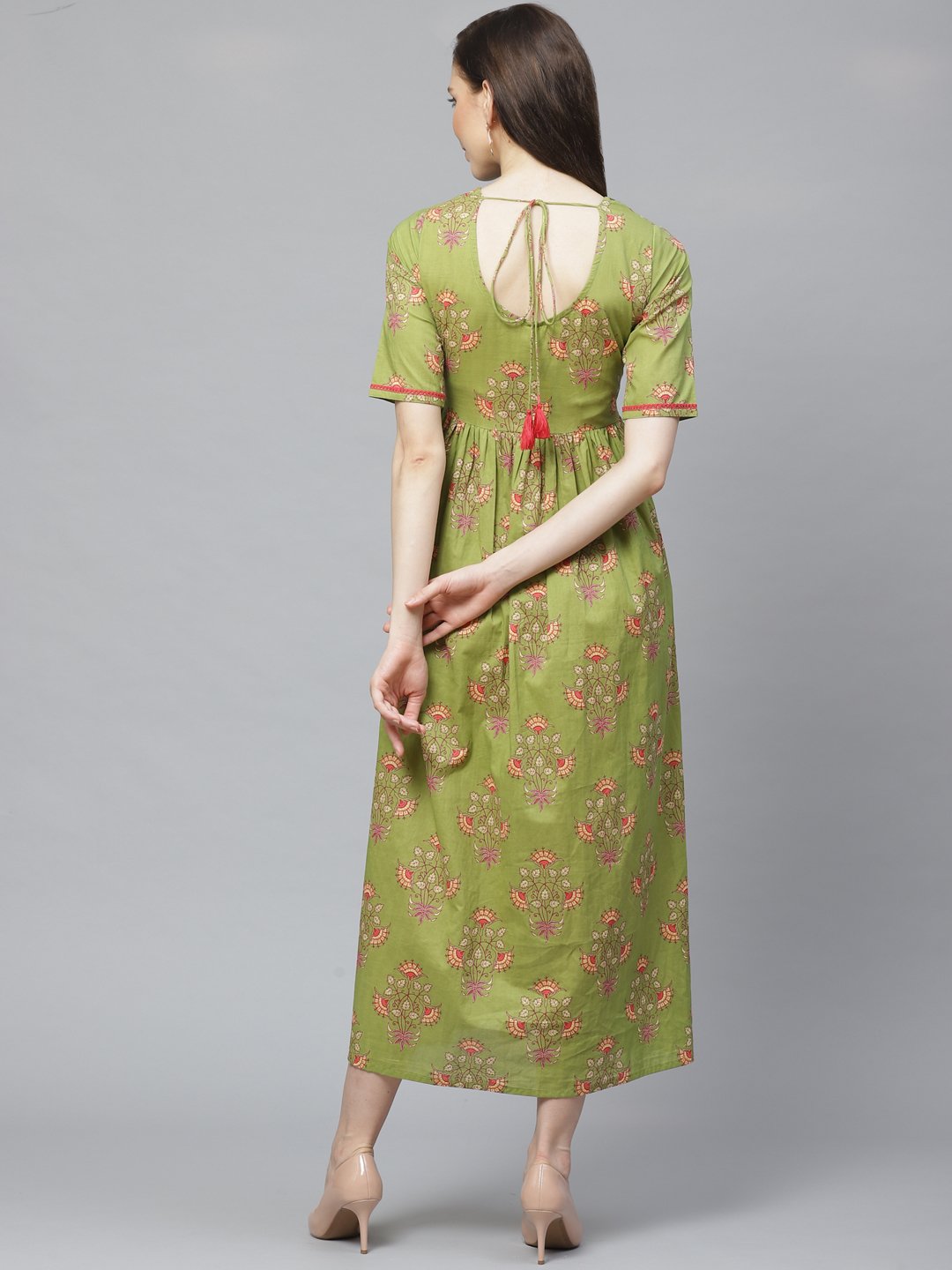 Women Green Floral Printed Round Neck Cotton A-Line Dress | LASVINI - Redefining Indian Fashion with Elegance