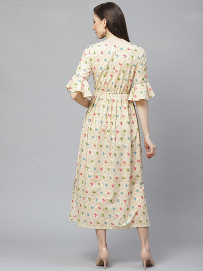 Women White Floral Printed V-Neck Cotton Fit And Flare Dress | LASVINI - Redefining Indian Fashion with Elegance