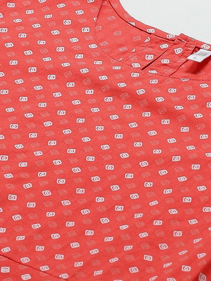 Women Peach Floral Printed Round Neck Cotton Fit And Flare Dress | LASVINI - Redefining Indian Fashion with Elegance