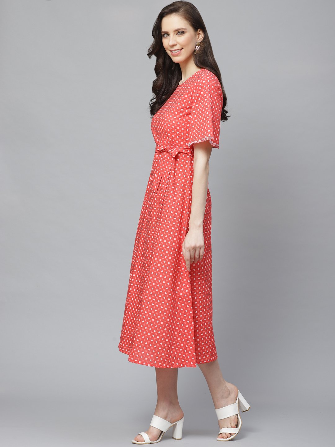 Women Peach Floral Printed Round Neck Cotton Fit And Flare Dress | LASVINI - Redefining Indian Fashion with Elegance