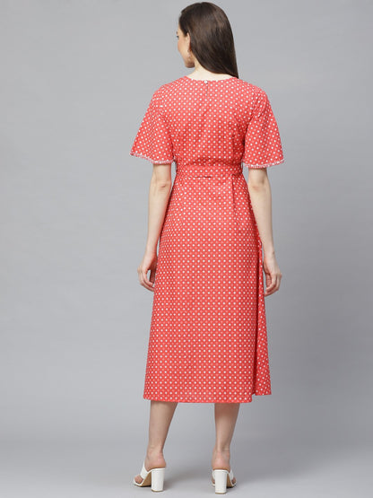 Women Peach Floral Printed Round Neck Cotton Fit And Flare Dress | LASVINI - Redefining Indian Fashion with Elegance