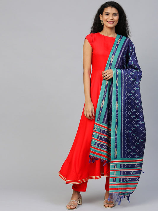 Women Red Short Sleeves Flared Kurta Trouser Dupatta Set | LASVINI - Redefining Indian Fashion with Elegance