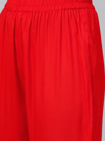 Women Red Short Sleeves Flared Kurta Trouser Dupatta Set | LASVINI - Redefining Indian Fashion with Elegance