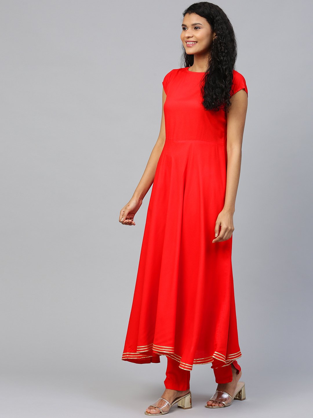 Women Red Short Sleeves Flared Kurta Trouser Dupatta Set | LASVINI - Redefining Indian Fashion with Elegance