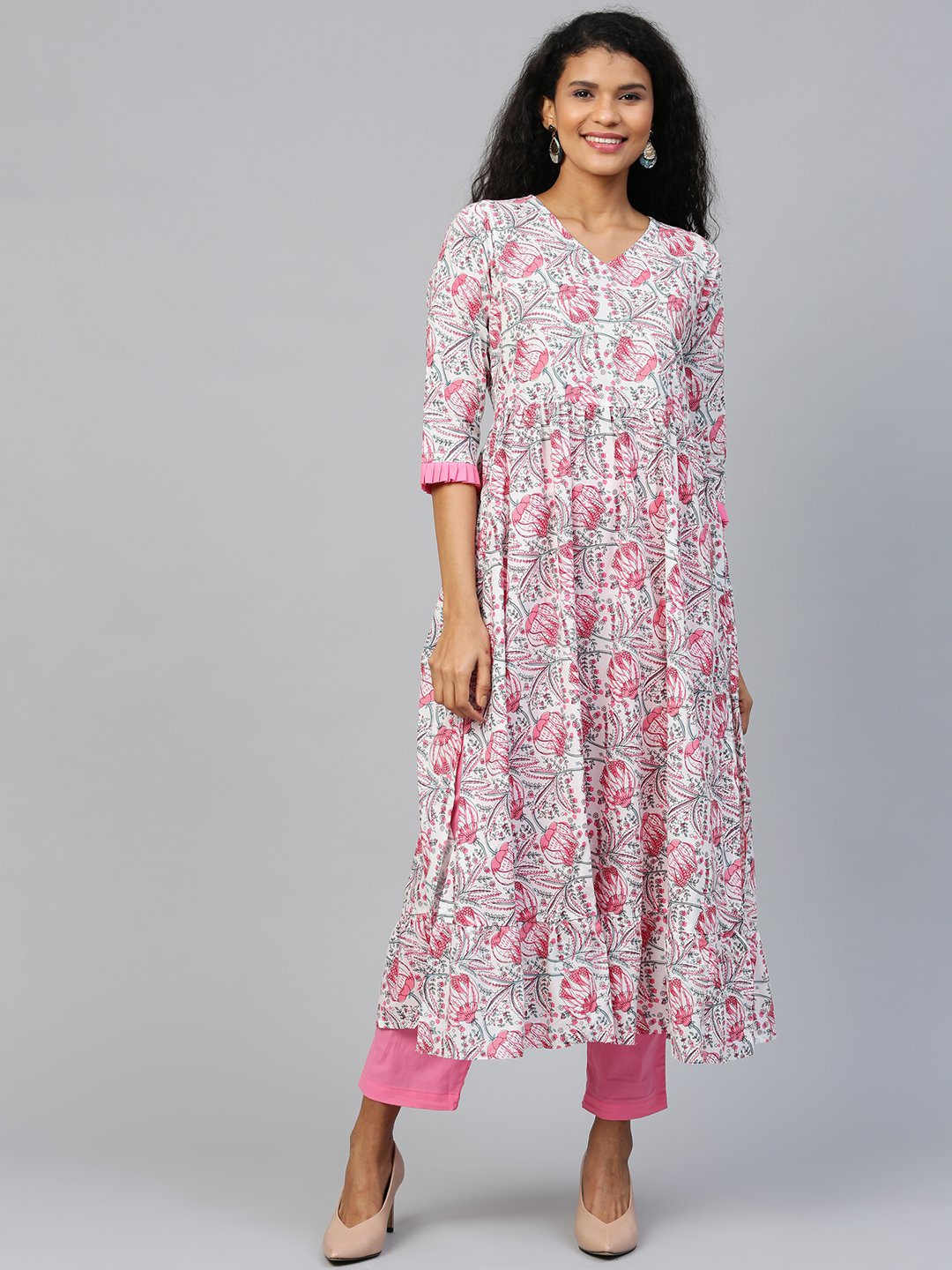 Women White Three-Quarter Sleeves Flared Kurta And Trouser Set | LASVINI - Redefining Indian Fashion with Elegance