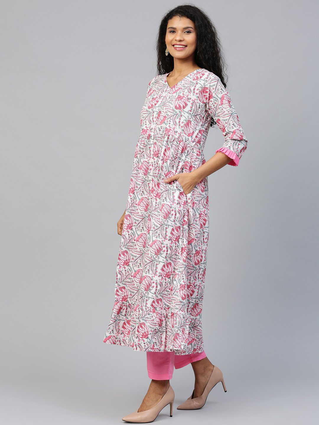 Women White Three-Quarter Sleeves Flared Kurta And Trouser Set | LASVINI - Redefining Indian Fashion with Elegance