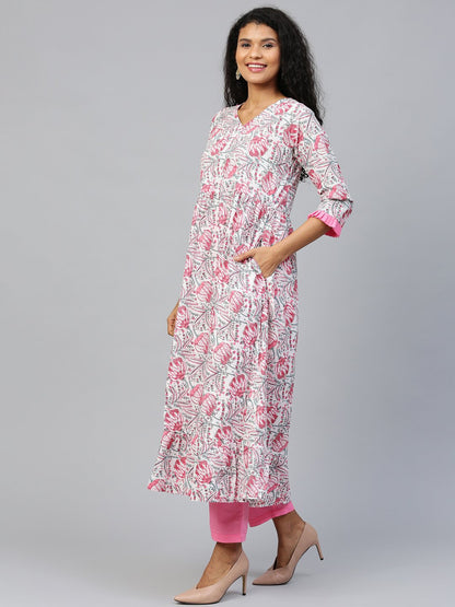 Women White Three-Quarter Sleeves Flared Kurta And Trouser Set | LASVINI - Redefining Indian Fashion with Elegance