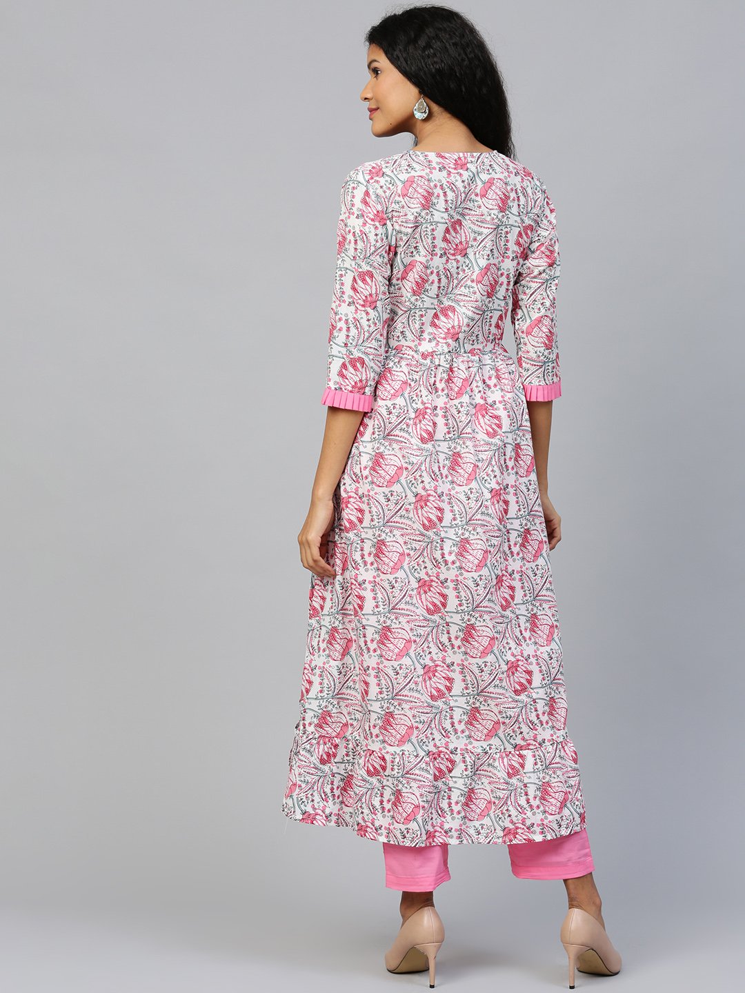 Women White Three-Quarter Sleeves Flared Kurta And Trouser Set | LASVINI - Redefining Indian Fashion with Elegance