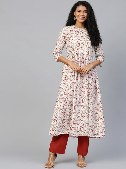 Women White Three-Quarter Sleeves Flared Kurta And Trouser Set | LASVINI - Redefining Indian Fashion with Elegance