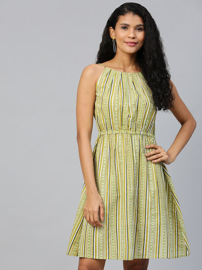 Women Multi Striped Striped Halter Neck Cotton A-Line Dress | LASVINI - Redefining Indian Fashion with Elegance