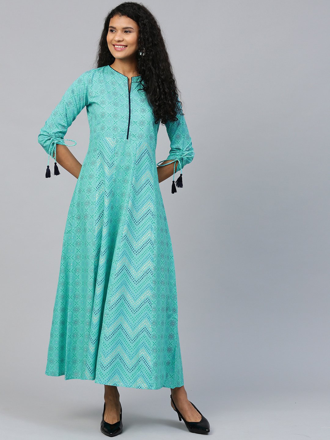 Women Blue Floral Printed V-Neck Cotton Maxi Dress | LASVINI - Redefining Indian Fashion with Elegance