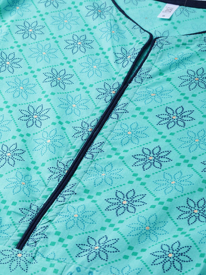 Women Blue Floral Printed V-Neck Cotton Maxi Dress | LASVINI - Redefining Indian Fashion with Elegance