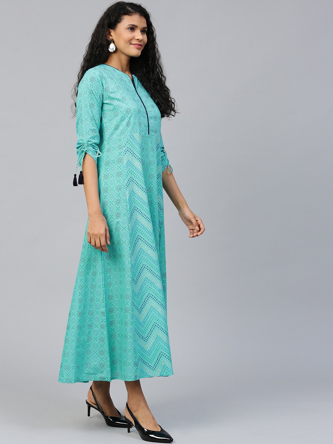 Women Blue Floral Printed V-Neck Cotton Maxi Dress | LASVINI - Redefining Indian Fashion with Elegance