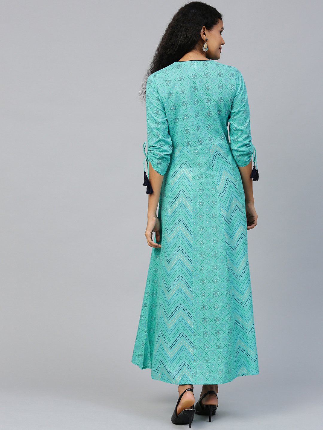Women Blue Floral Printed V-Neck Cotton Maxi Dress | LASVINI - Redefining Indian Fashion with Elegance