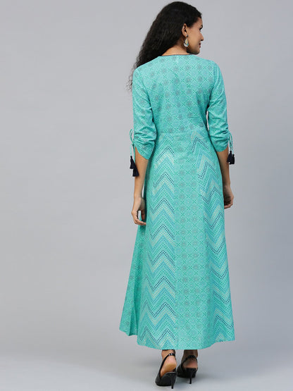 Women Blue Floral Printed V-Neck Cotton Maxi Dress | LASVINI - Redefining Indian Fashion with Elegance