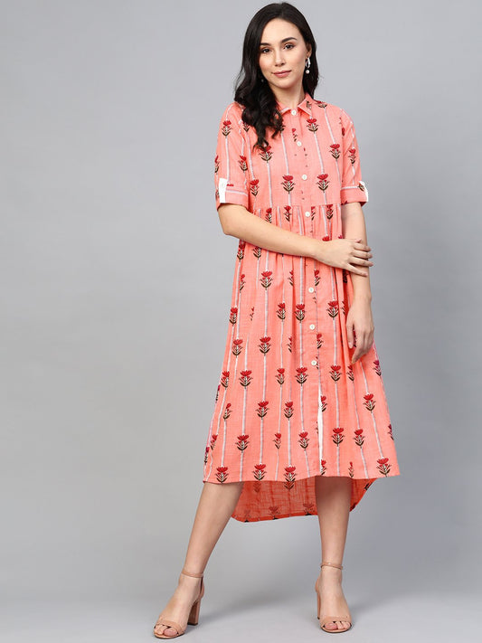 Women Pink Floral Printed Shirt Collar Cotton Maxi Dress | LASVINI - Redefining Indian Fashion with Elegance