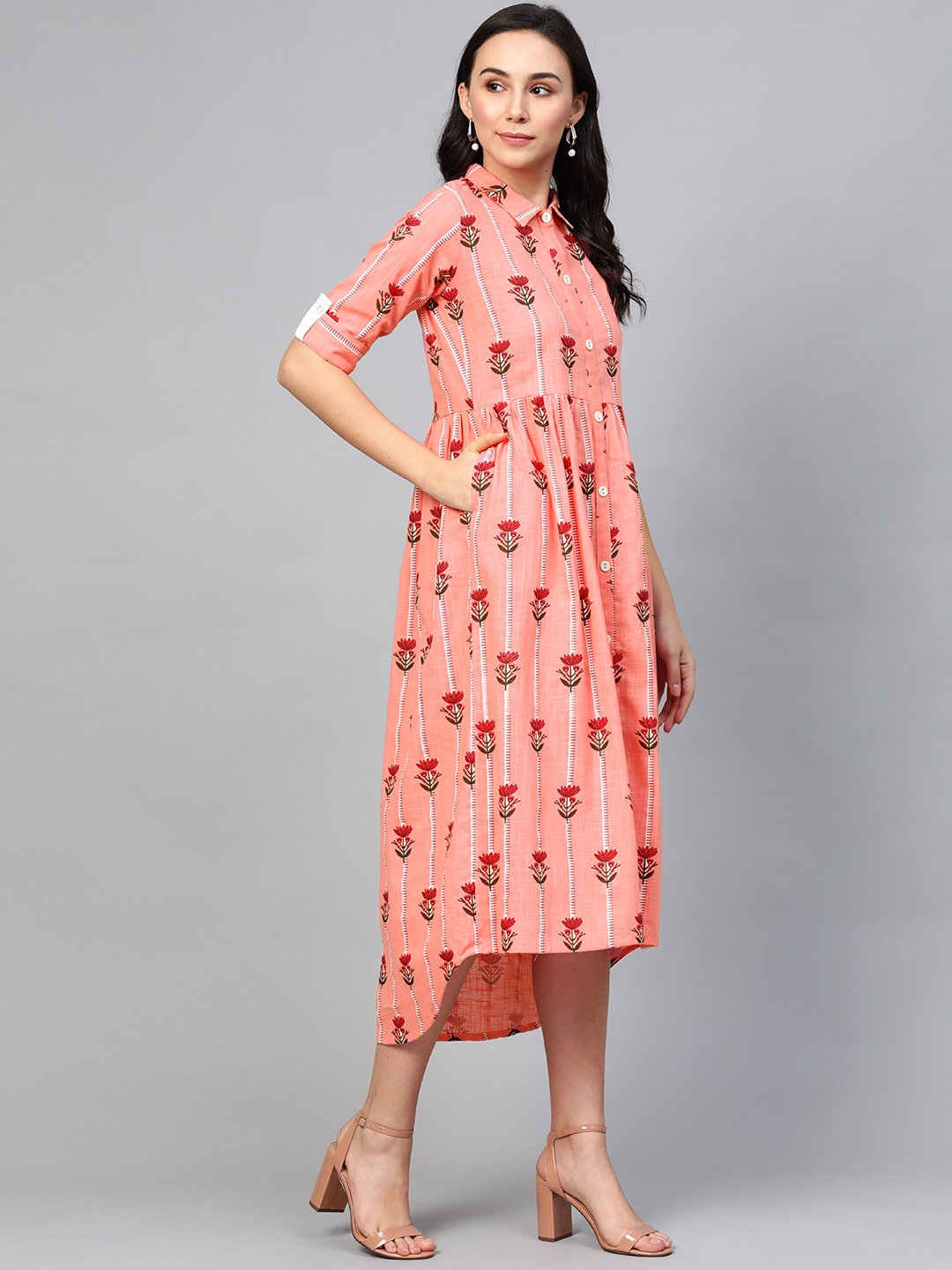 Women Pink Floral Printed Shirt Collar Cotton Maxi Dress | LASVINI - Redefining Indian Fashion with Elegance