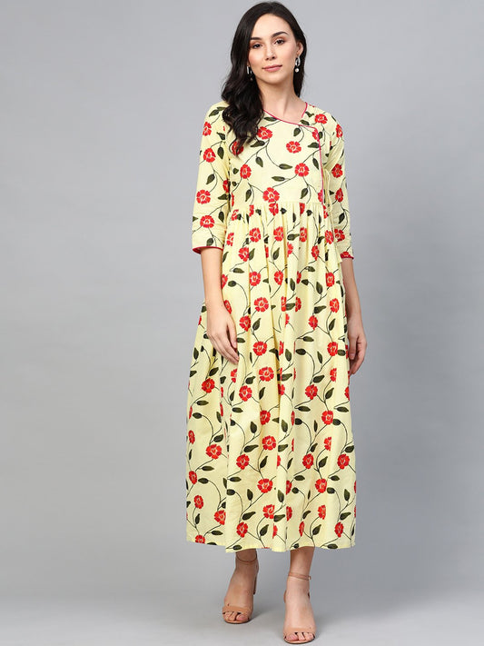 Women Yellow Floral Printed V-Neck Viscose Rayon Maxi Dress | LASVINI - Redefining Indian Fashion with Elegance