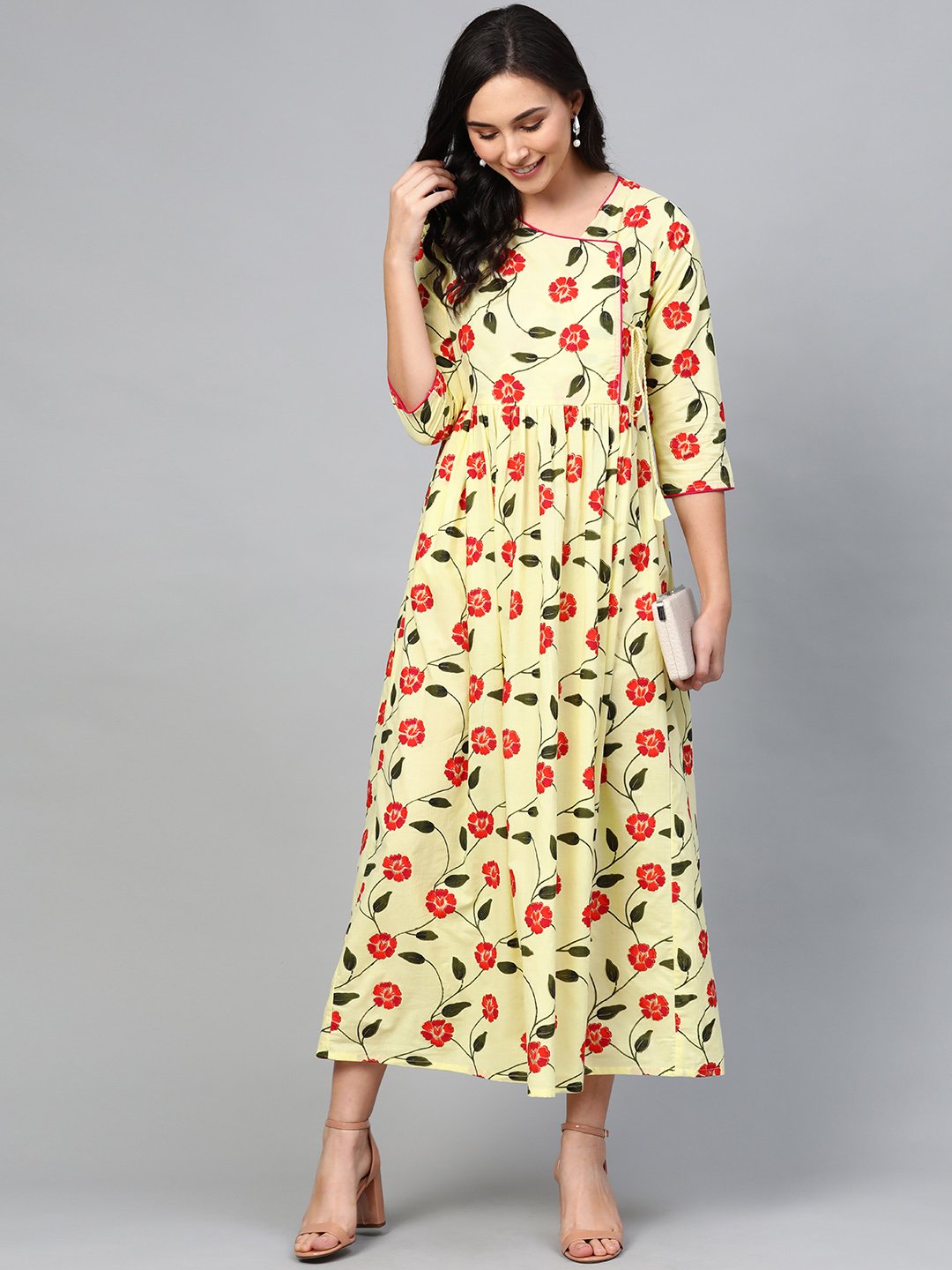 Women Yellow Floral Printed V-Neck Viscose Rayon Maxi Dress | LASVINI - Redefining Indian Fashion with Elegance